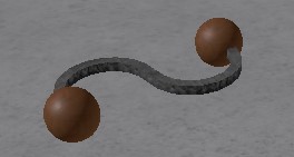 An image of the bola: an S-shaped rope with two wooden spheres at the end.