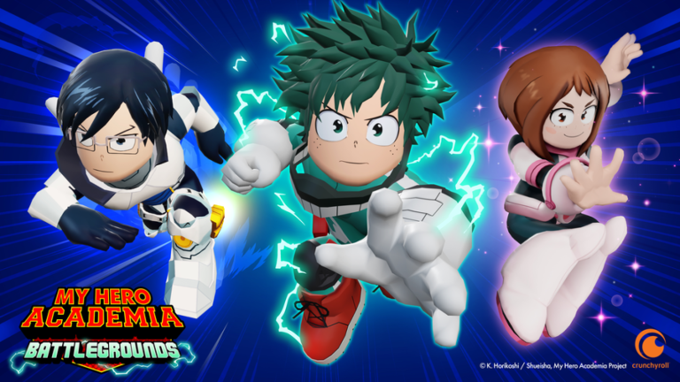 The thumbnail used for the paid beta release of My Hero Academia: Battlegrounds. From left to right: Tenya, Deku, Ochaco